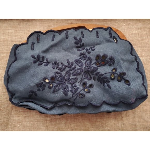 Vintage Boho Cottage Core Linen Floral Handmade Embroidered Top Handle Clutch - Picture 8 of 11